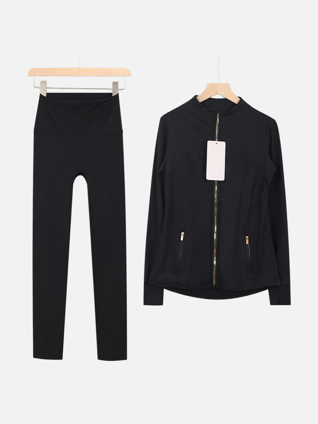 Gold Zipper Matching Yoga Set – Women's 2-Piece Workout Tracksuit